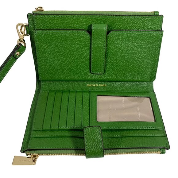 MICHAEL KORS Adele Double-Zip Green Leather Smart Phone Case Wallet Wristlet - Picture 7 of 13